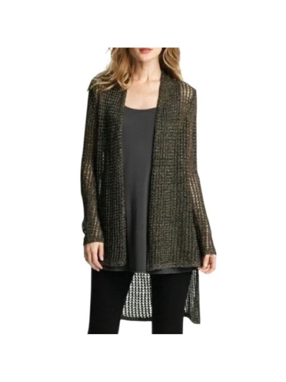 Eileen Fisher black brown metallic sparkle open knit tunic cardigan XL